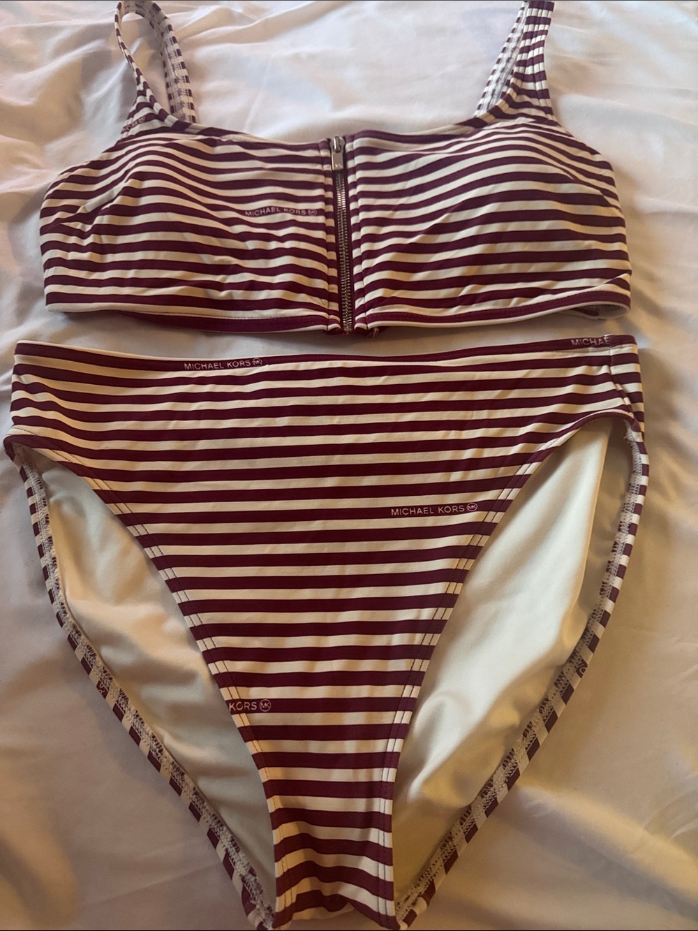 Michael Kors Burgundy and White Striped Zip Bikini